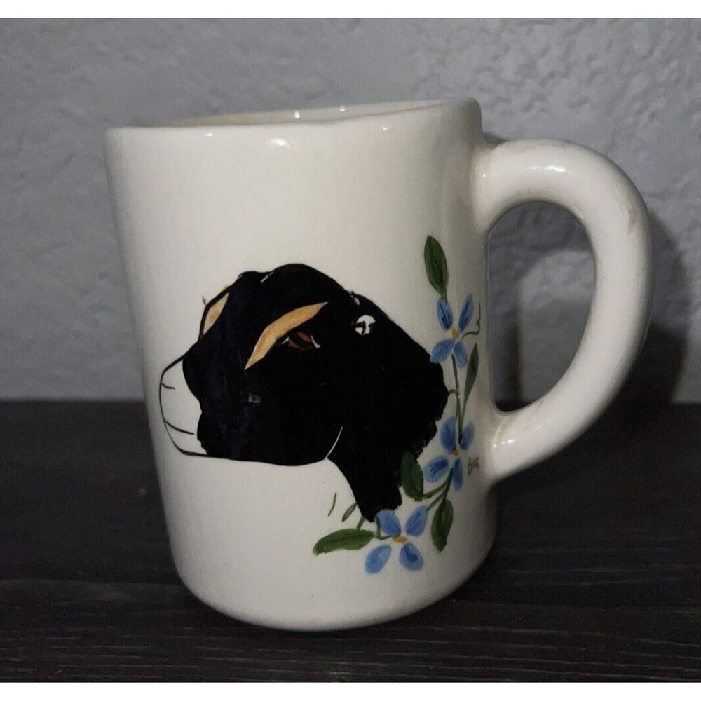 Vintage Hand Painted Mug Cup Farm Goat Black Flowers Signed BG RARE Farmhouse